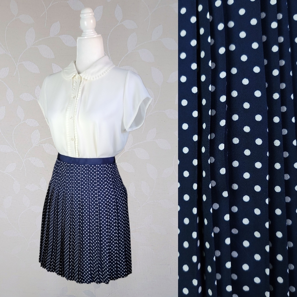 J. Crew Polka Dot Pleated Mini Skirt Retro Twee Academia Career Blue Size 4